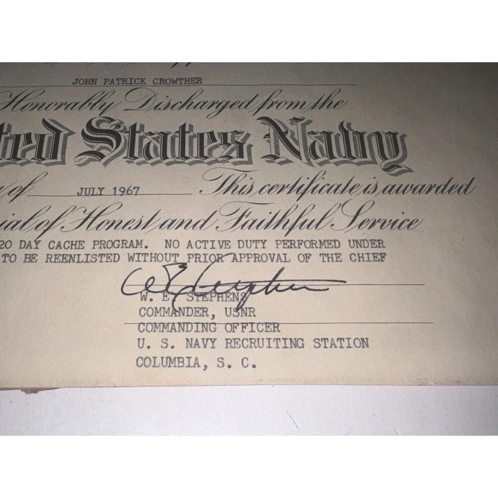 1963 Clemson Delta Kappa Alpha Certificate 1967 Navy Discharge Document Lot